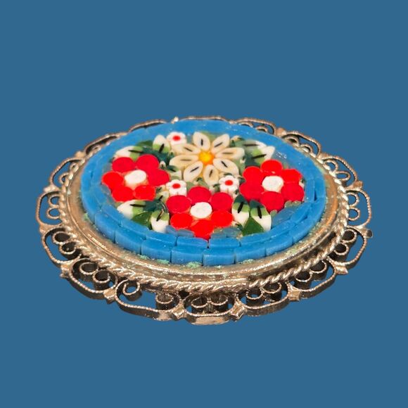 Italian Vintage Micro Mosaic Glass Floral Brooch Pin Silver Tone Filigree Border - Picture 9 of 10